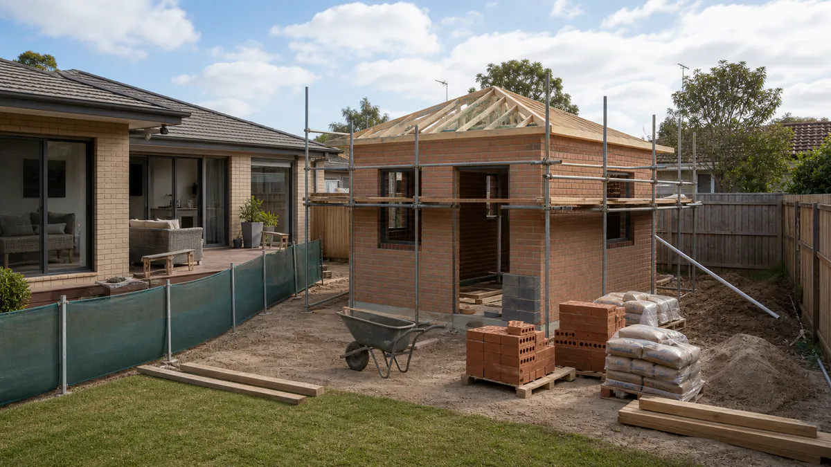 Small backyard brick granny flat under construction beside an existing suburban home
