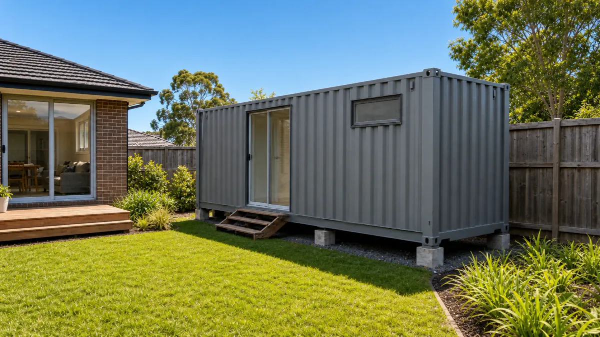 Plain container-style room sitting awkwardly on temporary footings in a sunny suburban backyard