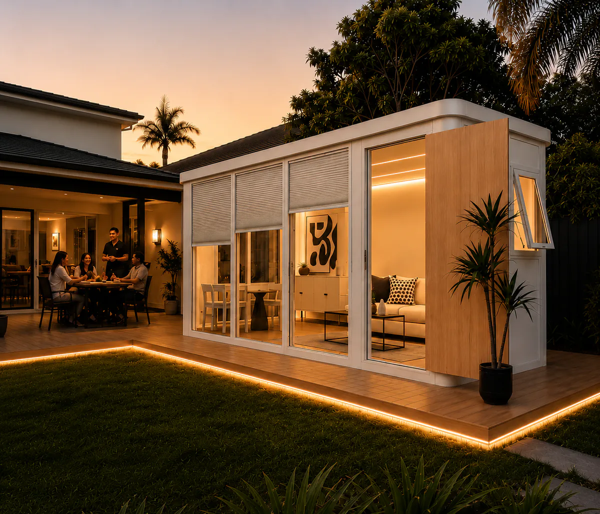 Finished FreshPod backyard room with warm lighting beside a family home