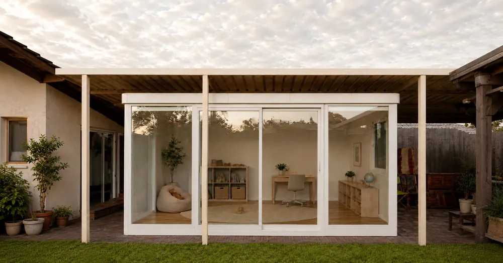 FreshPod backyard room beside an existing home