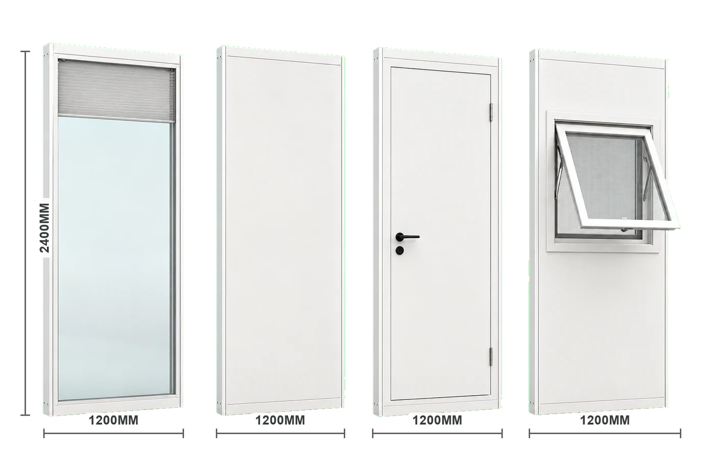FreshPod modular panel system showing wall, glass, door and window modules together