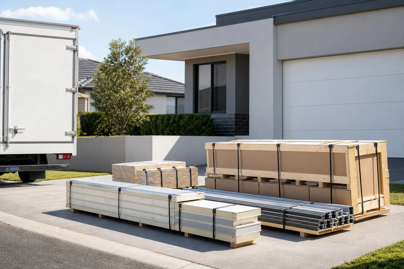 Flat-pack FreshPod components delivered to the front of a residential property