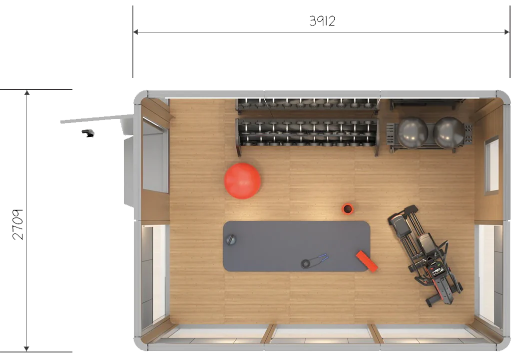 10.5sqm FreshPod top-down floor plan with sizing reference lines